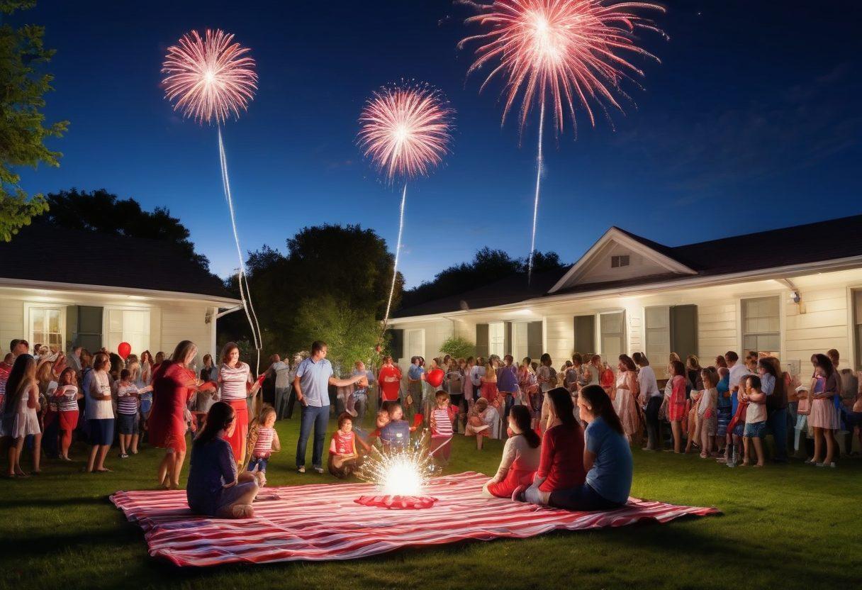 A vibrant scene depicting a lively outdoor gathering with families and friends celebrating a national holiday, adorned with red, white, and blue decorations. Children playing with balloons in the shape of stars and stripes, while adults engage in festive games and share delicious food. A backdrop of fireworks lighting up the evening sky, creating a joyful and patriotic atmosphere. super-realistic. vibrant colors. 3D.