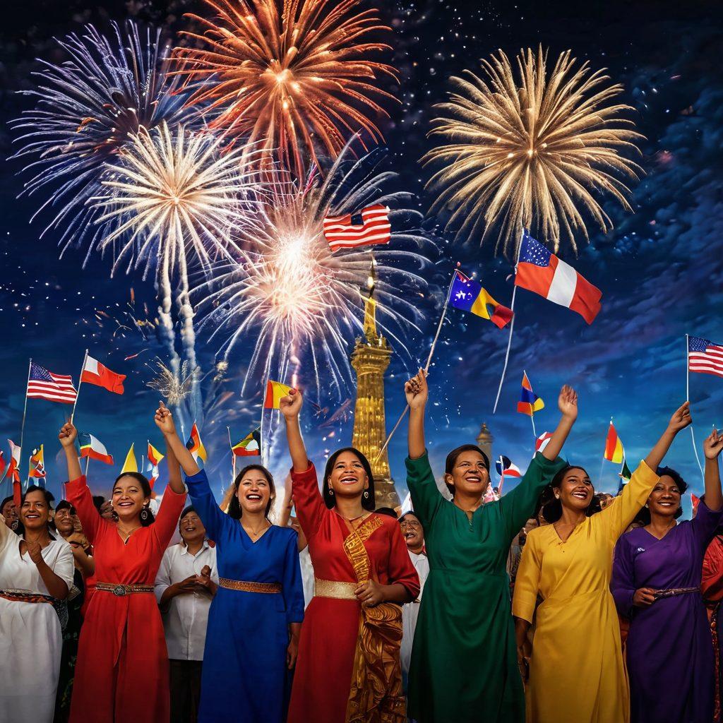 A vibrant scene of a diverse group of people joyfully celebrating a national holiday, waving flags and wearing traditional attire, with fireworks lighting up a dark evening sky. Include iconic landmarks in the background, symbolizing national pride. Emphasize expressions of happiness and unity. bright colors. festive atmosphere. super-realistic.