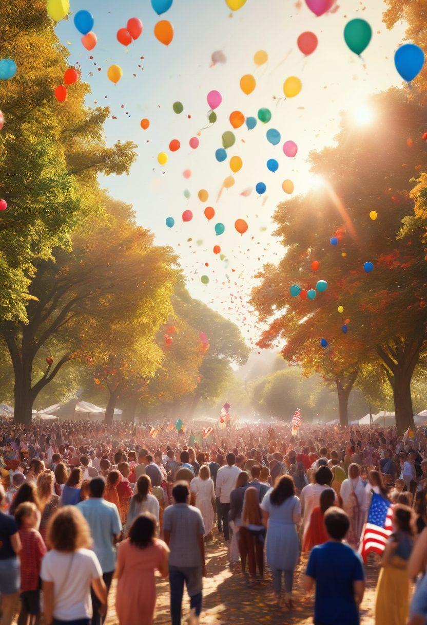 A vibrant scene capturing a diverse crowd of people waving flags in a picturesque park setting, with colorful balloons and confetti filling the air. Include heartwarming interactions between families and friends, with expressions of joy and unity. The backdrop features iconic national landmarks, bathed in warm sunlight, symbolizing national pride. super-realistic. bright colors. festive atmosphere.